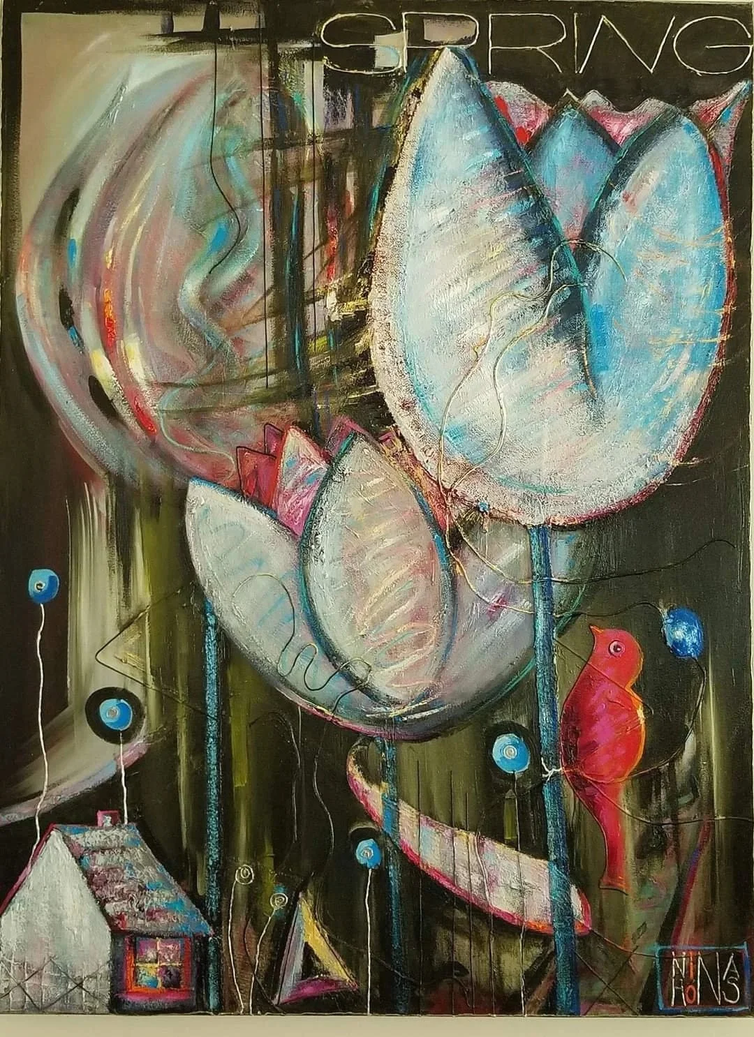 Spring, Tulips, Red Bird
Mixed Media
40 x 30