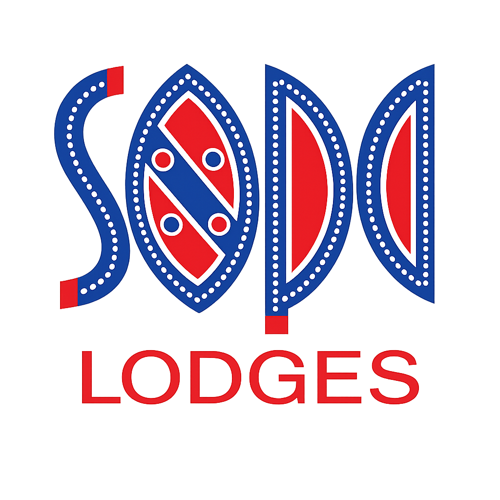 Bright neon sign for SOS LODGES with bold red and blue colors, stylized design, and dotted accents.