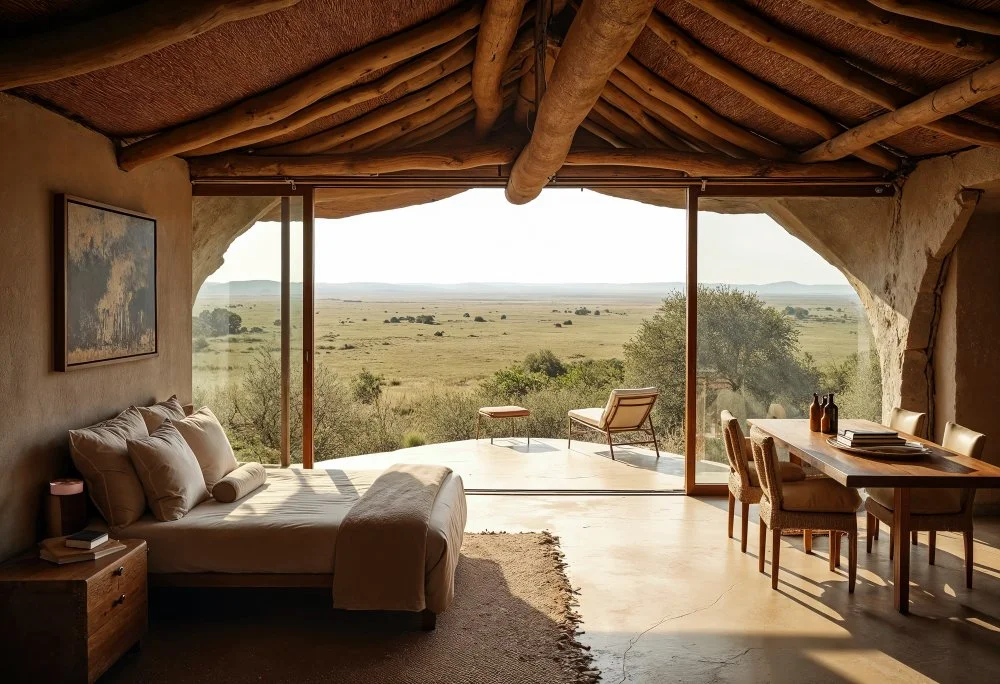 Interior of a rustic eco-friendly home with a large glass sliding door opening to a wide grassland landscape.