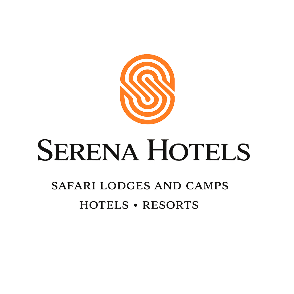 Logo for Serena Hotels with an orange stylized 'S' and text indicating they offer safari lodges, camps, hotels, and resorts.