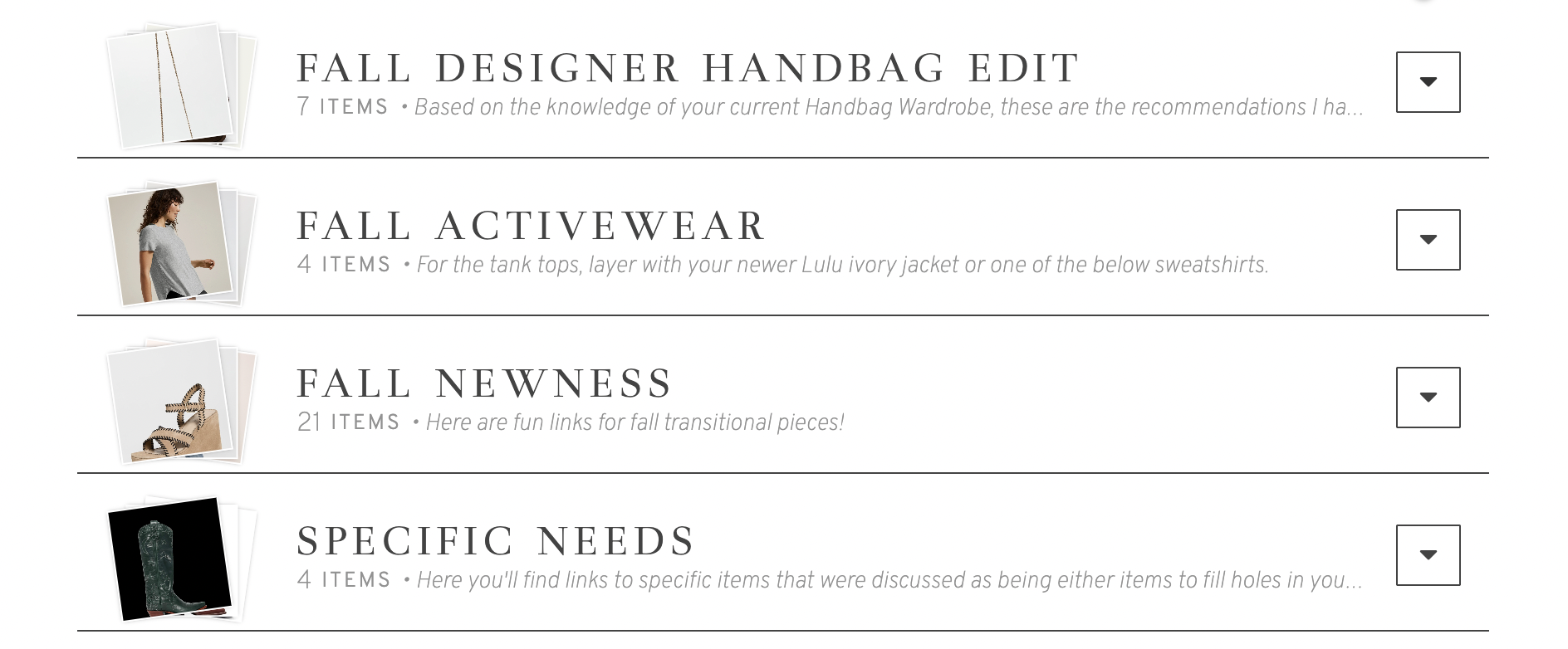Screenshot of an online fall handbag shopping list with categories: Fall Designer Handbag Edit, Fall Activewear, Fall Newness, Specific Needs, listing several items with images and descriptions.