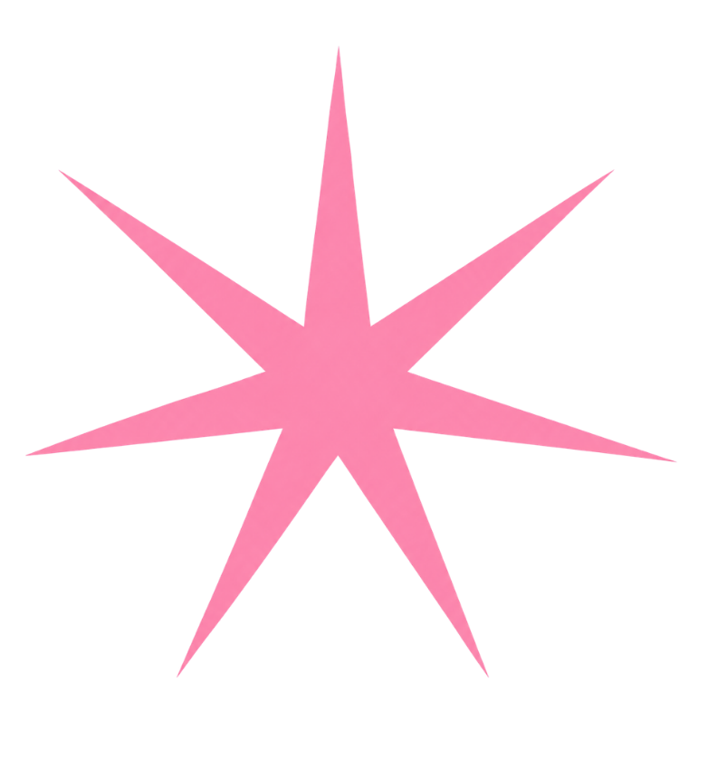 Pink starburst shape with elongated points on a black background.