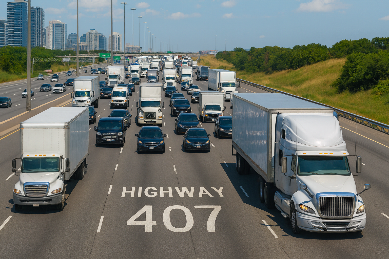 Traffic congestion on Highway 407 with multiple cars and trucks on a highway with city buildings in the background.