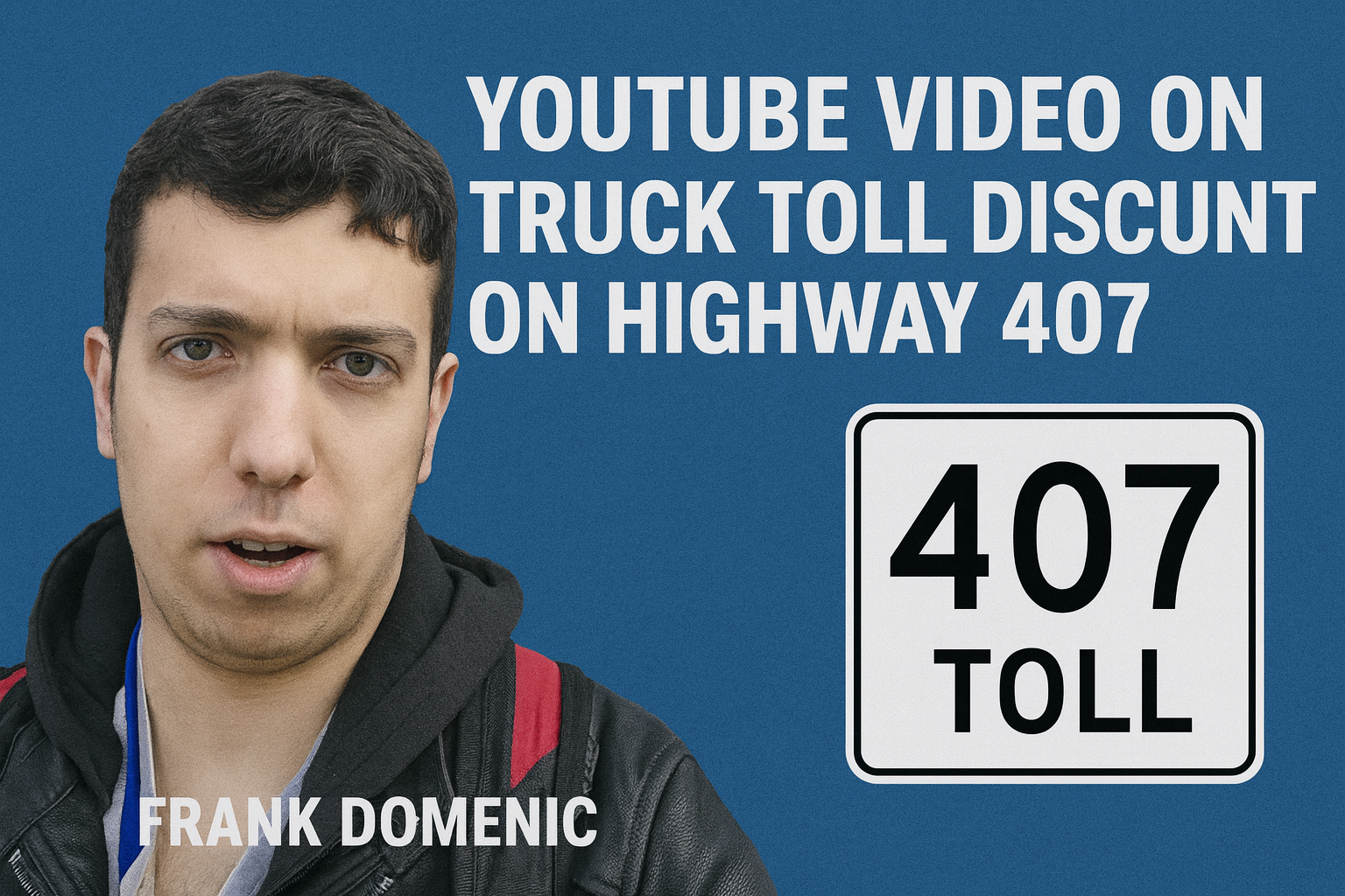 A man with short dark hair wearing a black leather jacket and a blue lanyard, in front of a blue background with large text that reads 'YOUTUBE VIDEO ON TRUCK TOLL DISCOUNT ON HIGHWAY 407', and a black and white highway 407 toll sign.