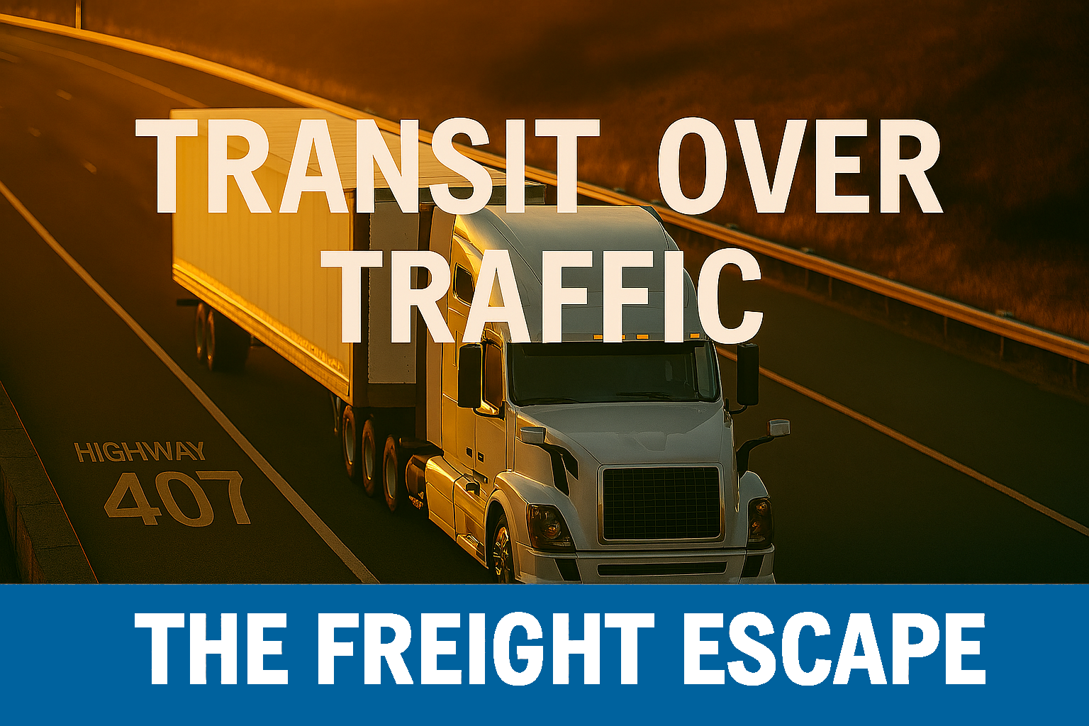 A white semi-truck driving on a highway during sunset with the text 'Transit Over Traffic' and 'The Freight Escape' overlaid.
