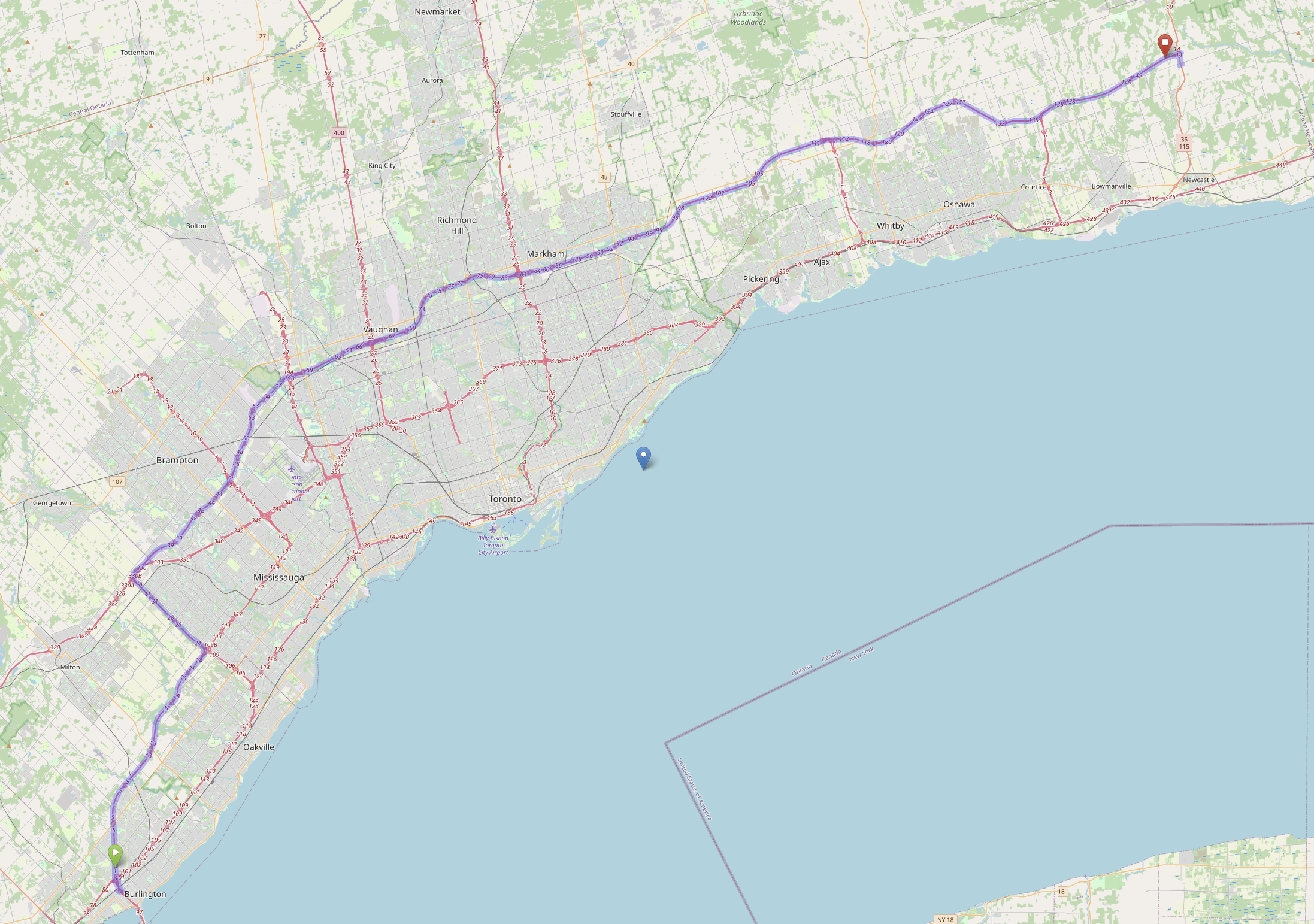 Map showing a route from Burlington to an area near Toronto, Ontario, Canada, with a purple line indicating the path, along with roads, highways, and surrounding geographic features.
