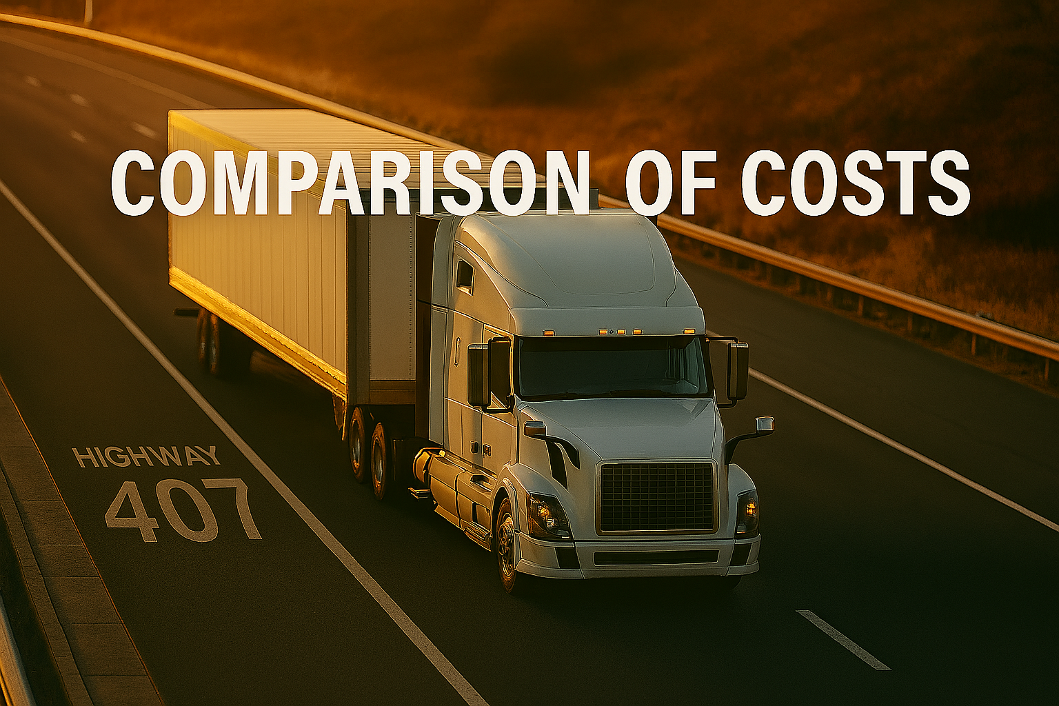 A semi-truck driving on an open highway at sunset, with the text 'Comparison of Costs' overlaid.