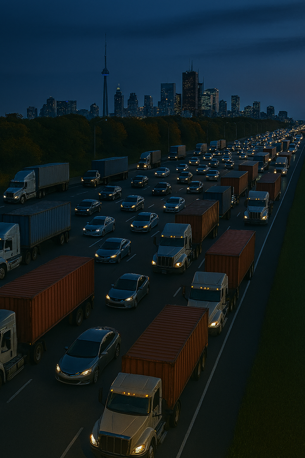 Nighttime city skyline with tall buildings and television tower in the distance, highway traffic jam with numerous trucks and cars on a multi-lane road.