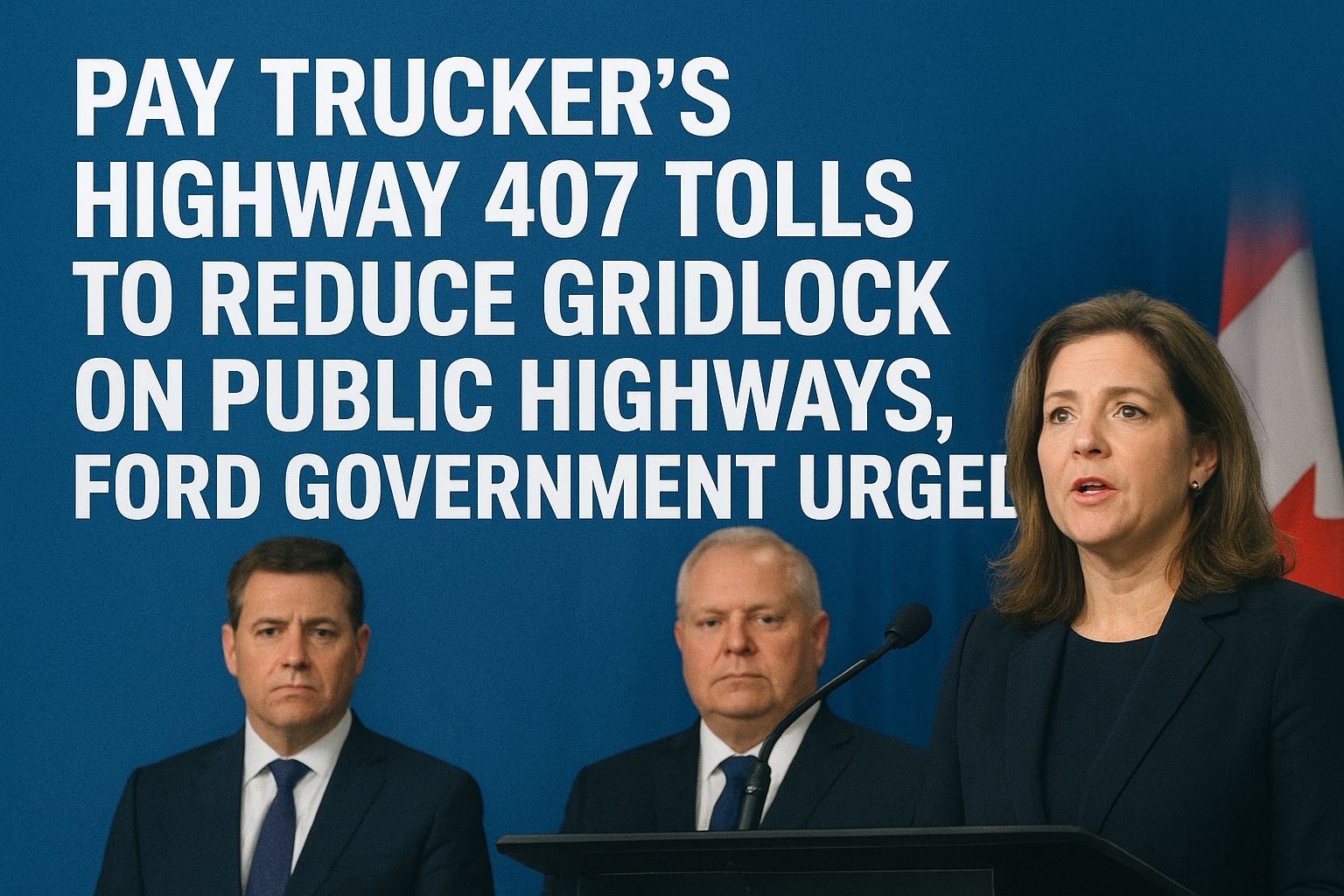 Three officials standing at a podium during a press conference. A woman is speaking, with a Canadian flag in the background. Large text on a blue background states: "Pay Trucker’s Highway 407 Tolls to Reduce Gridlock on Public Highways, Ford Government Urged."