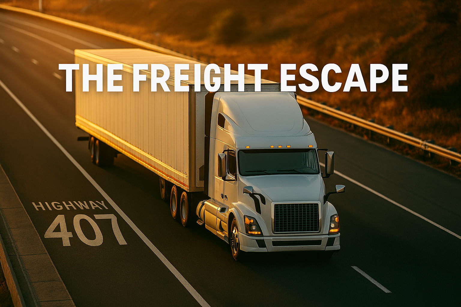 A large white semi-truck driving on a highway marked with route number 407, with the text 'THE FREIGHT ESCAPE' overlaid on the image.
