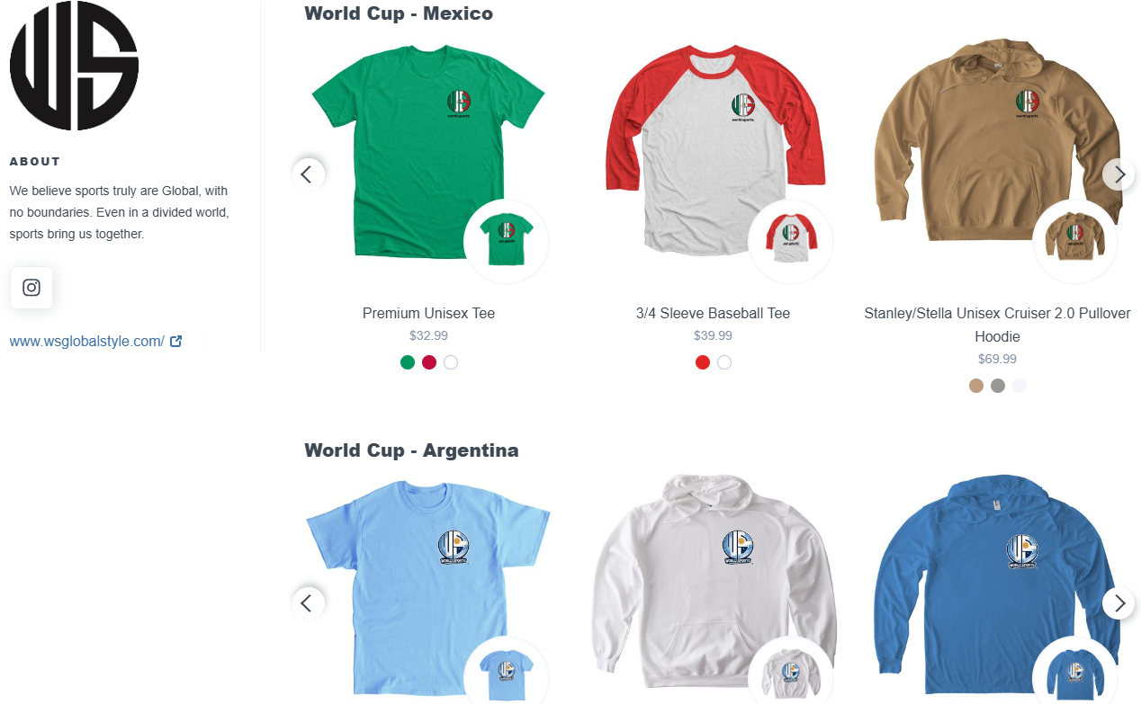 Various sports apparel featuring national team logos for World Cups in Mexico and Argentina, including T-shirts and hoodies in multiple colors.