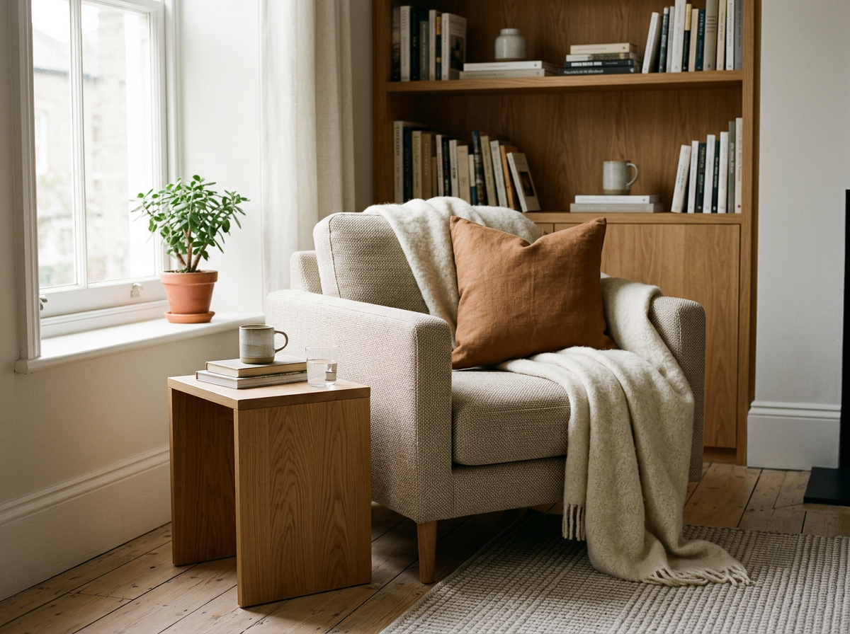 Cozy living room corner with a beige armchair draped with a chunky knit blanket, a rust-colored pillow, a wooden side table with a mug, books, and a glass of water, a bookshelf with books and decorative items, a potted plant on the windowsill, and natural light coming through a window.