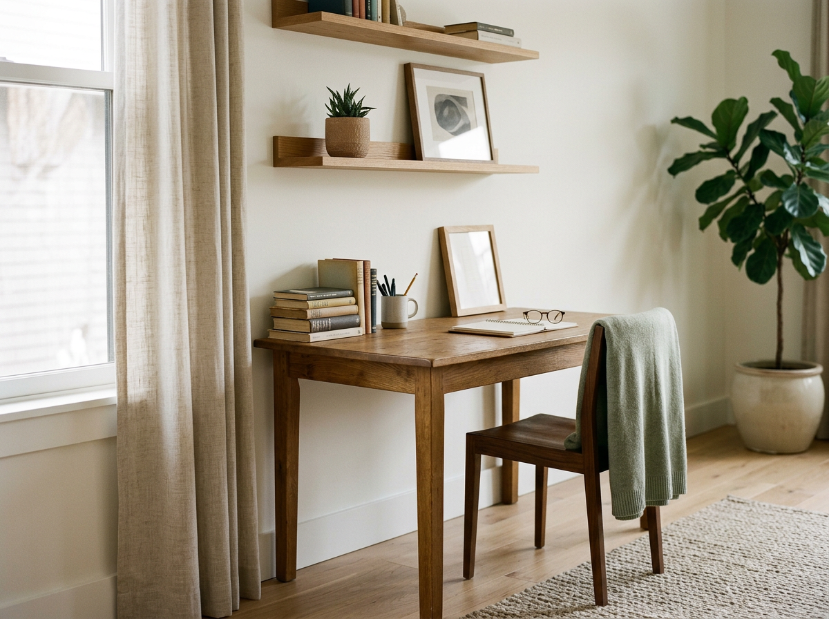 A cozy home office workspace with a wooden desk, a chair with a green blanket, a potted plant, books, a notebook, and glasses, with floating shelves and a large window with curtains.