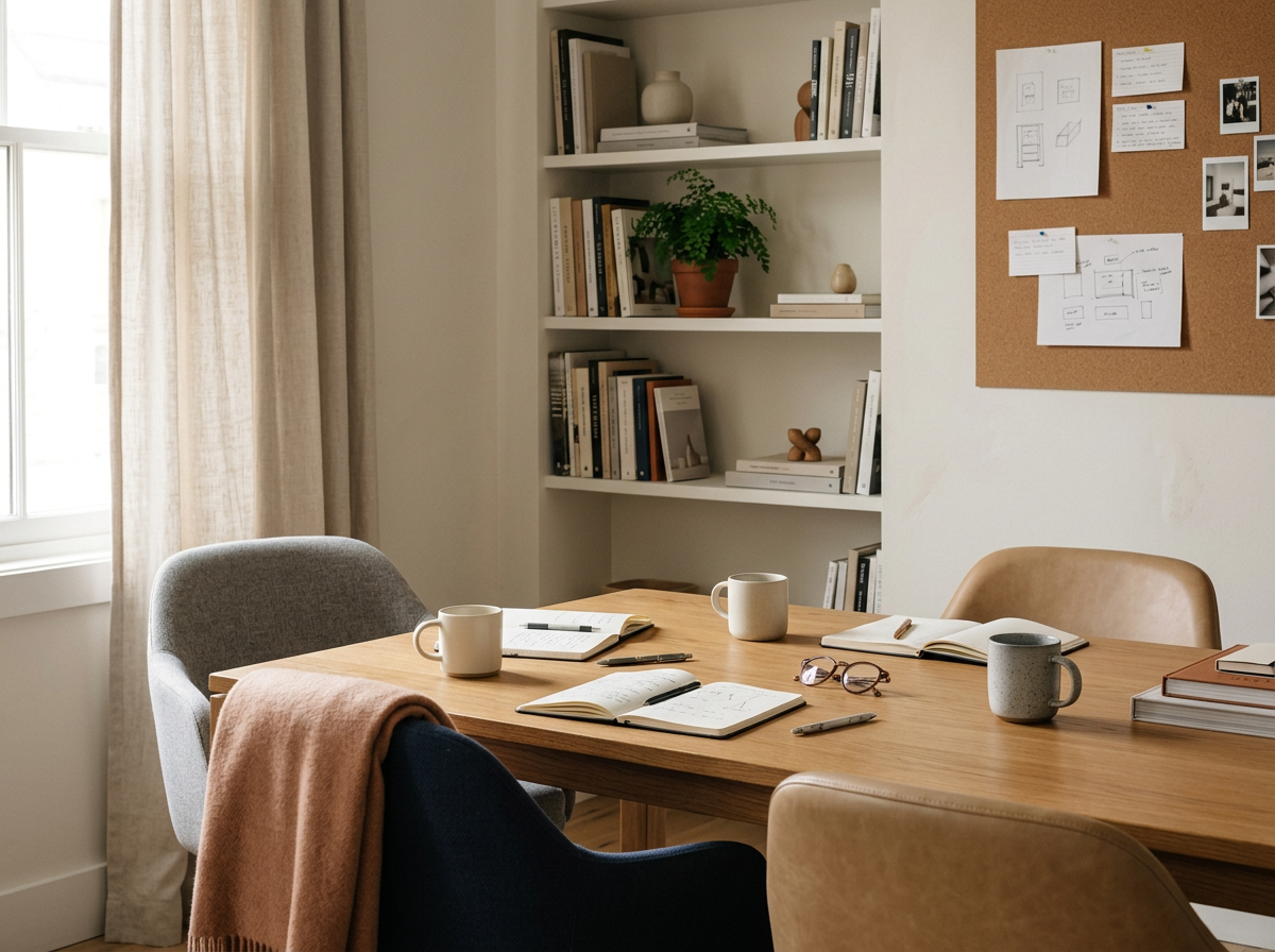 A cozy home office with a wooden table, four open books, three coffee mugs, a pair of glasses, and pens. There's a gray chair with a pink blanket, a tan chair, and a large white bookshelf filled with books and decorative items. Beige curtains hang over a window, and a cork bulletin board with notes and photos decorates the wall.