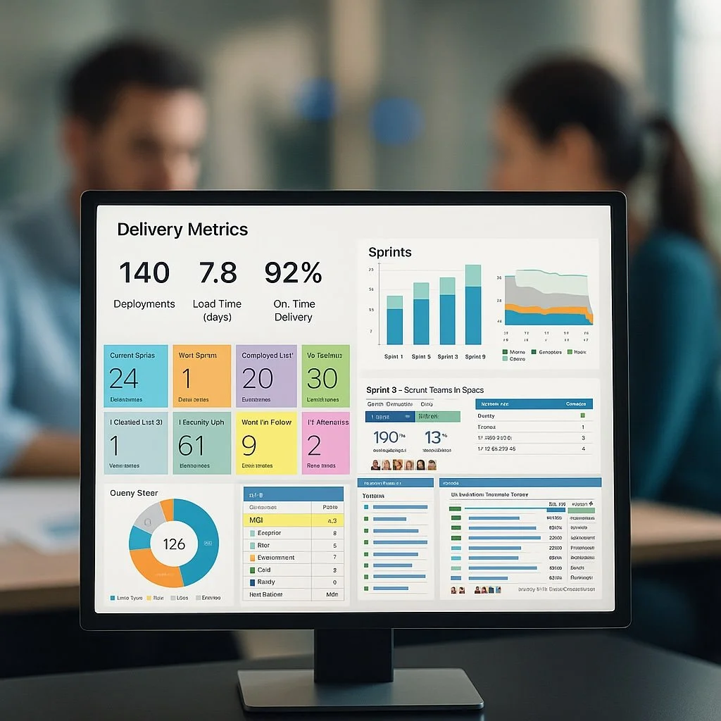 Computer monitor displaying data dashboards and charts related to delivery metrics, sprints, and team performance, with two blurred people working in the background.