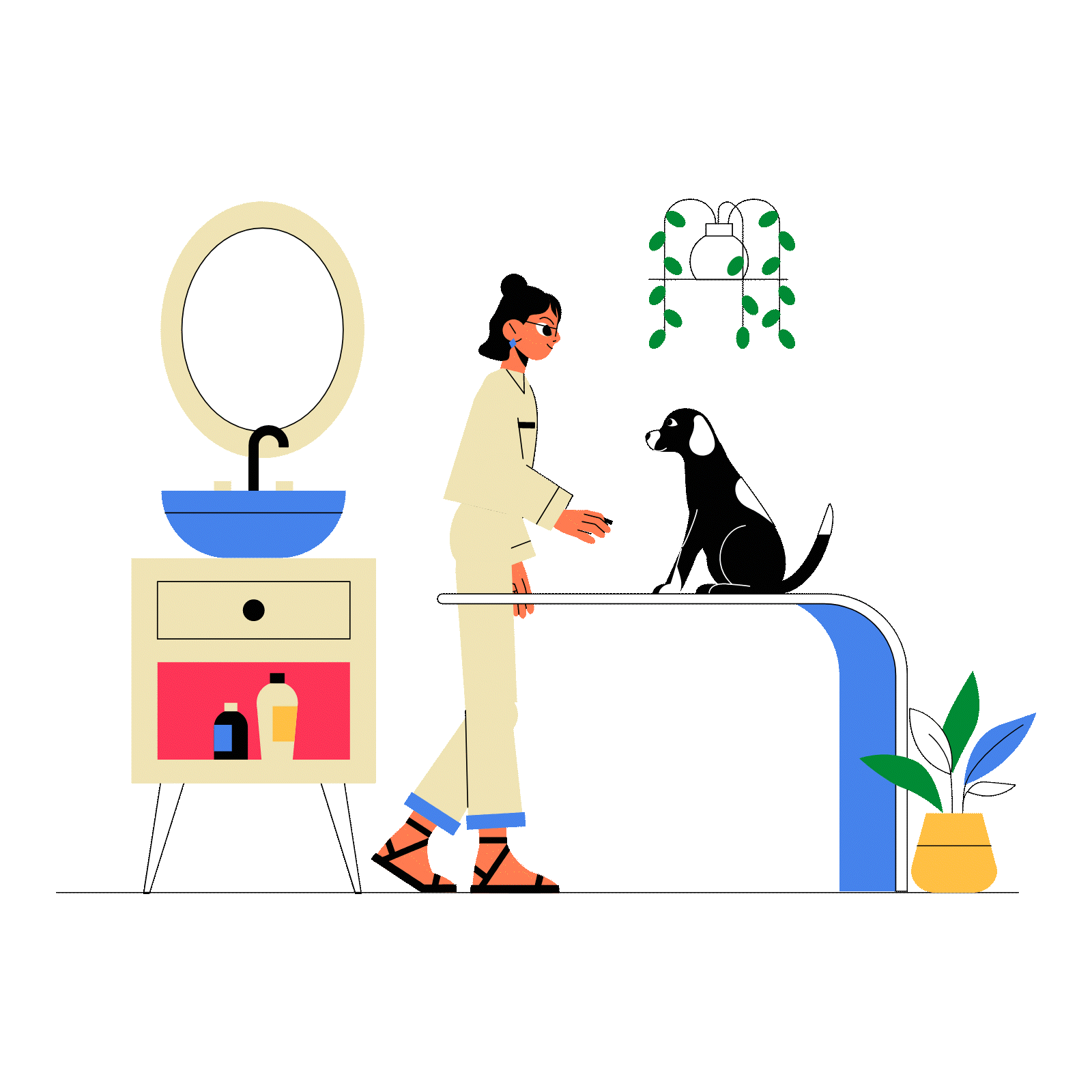 A person in casual clothes and sandals bathing a black and white puppy on a grooming table in a room with a mirror, a cabinet, hanging plant, and a potted plant.