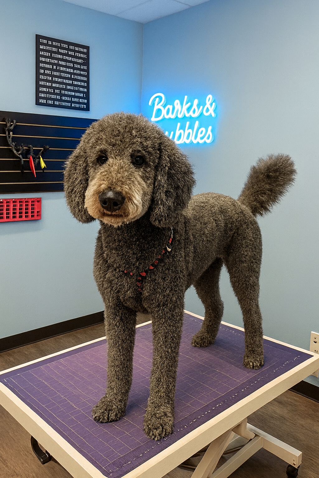 A large, fluffy dog with curly gray fur standing on grooming table in a pet store or grooming salon. Background includes a blue wall with a neon sign reading 'Barks & Wabbles' and grooming tools hanging on a black rack.