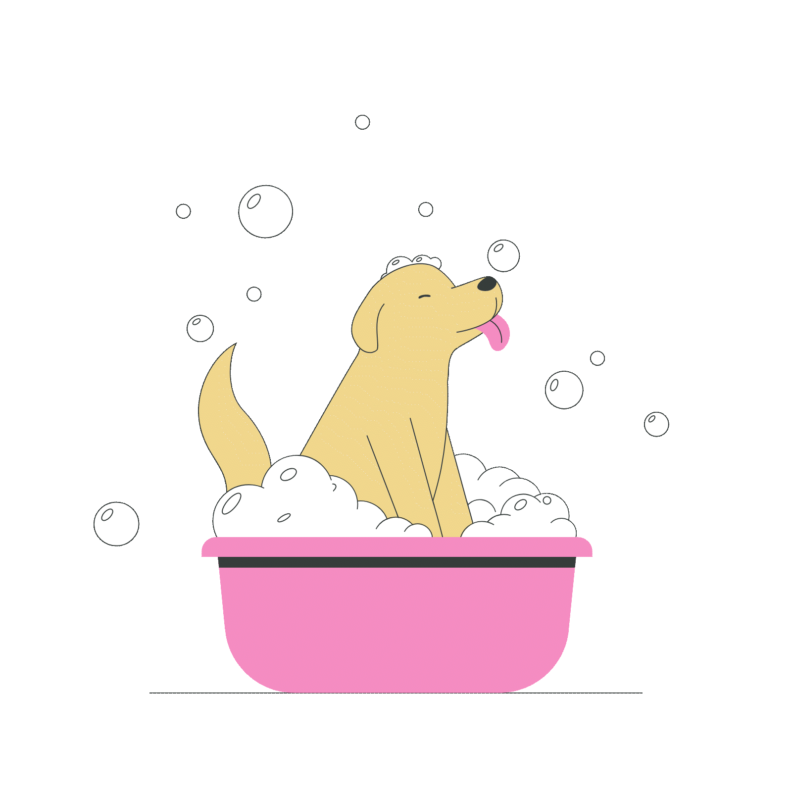 Cartoon of a dog sitting in a pink bath filled with soap bubbles, with a pink background.