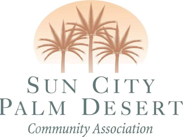 Logo featuring three stylized palm trees in front of a peach circle with the text "Sun City Palm Desert Community Association" underneath.