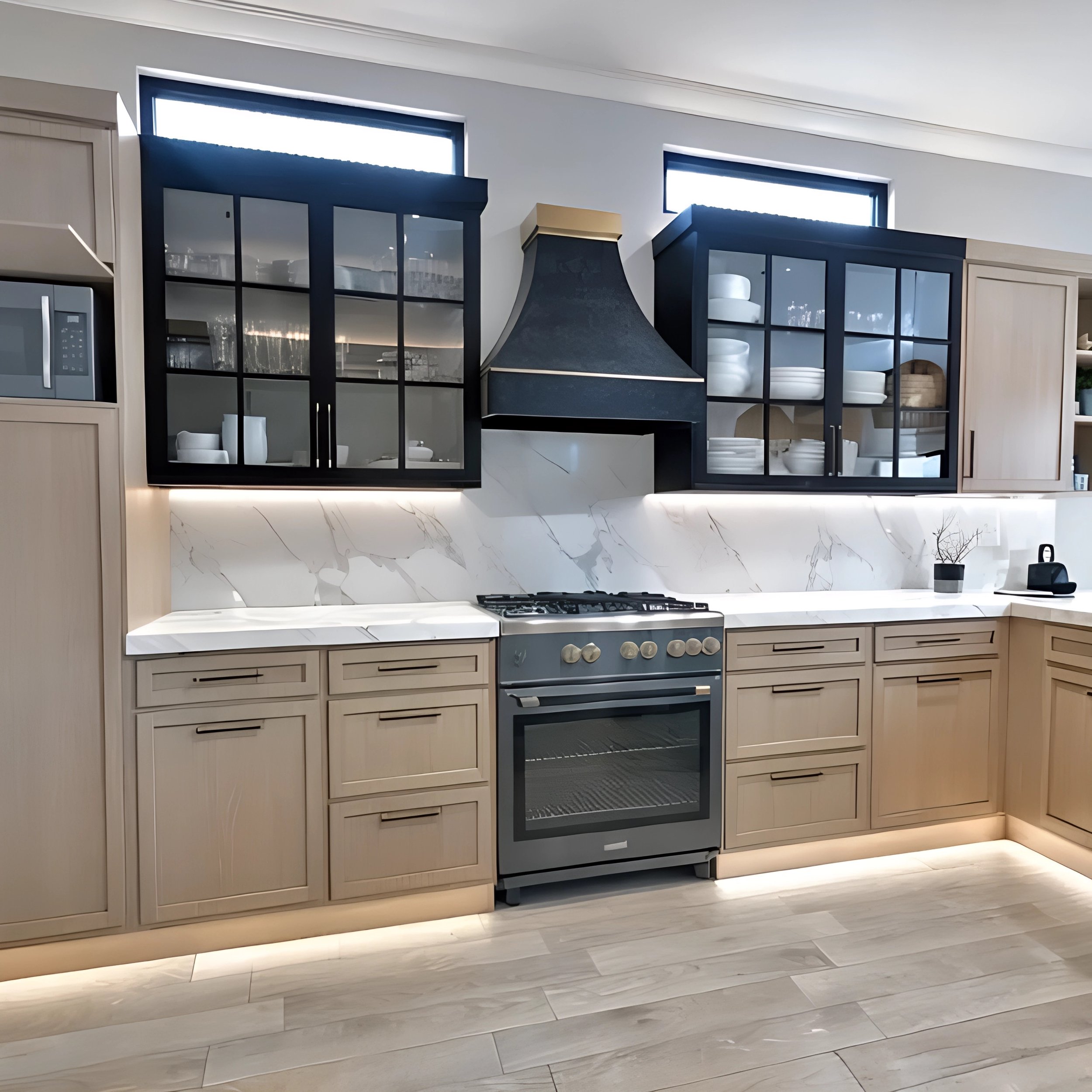 Modern kitchen with beige cabinets, black glass-front upper cabinets, a black range hood, marble backsplash, and stainless steel oven, with under-cabinet lighting.