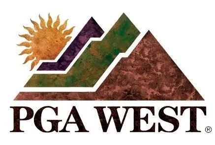 Logo for PGA West featuring stylized mountains, sun, and the words 'PGA West'.
