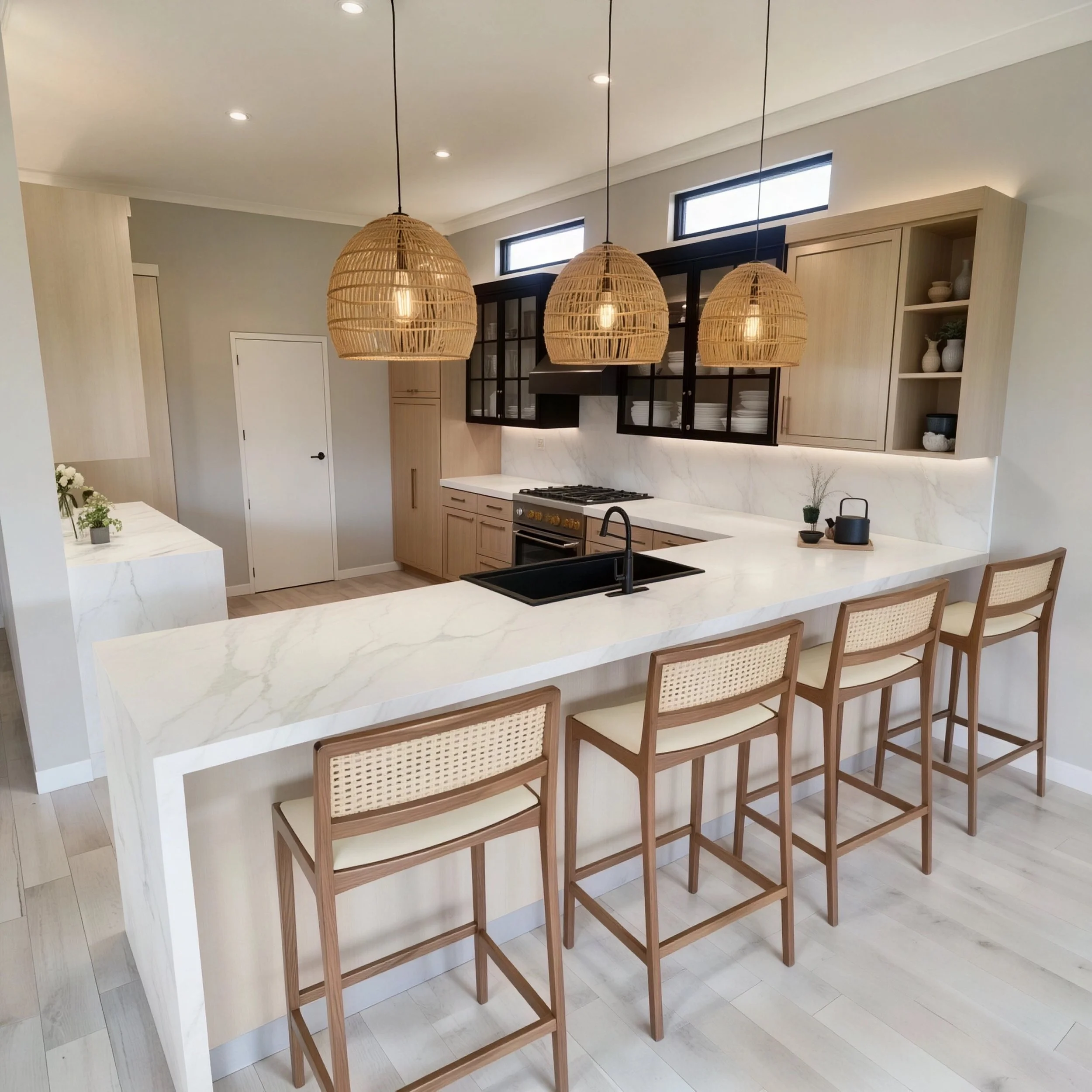 Modern kitchen with white marble countertops, black sink, light wood cabinets, black open shelving, and four wicker pendant lights