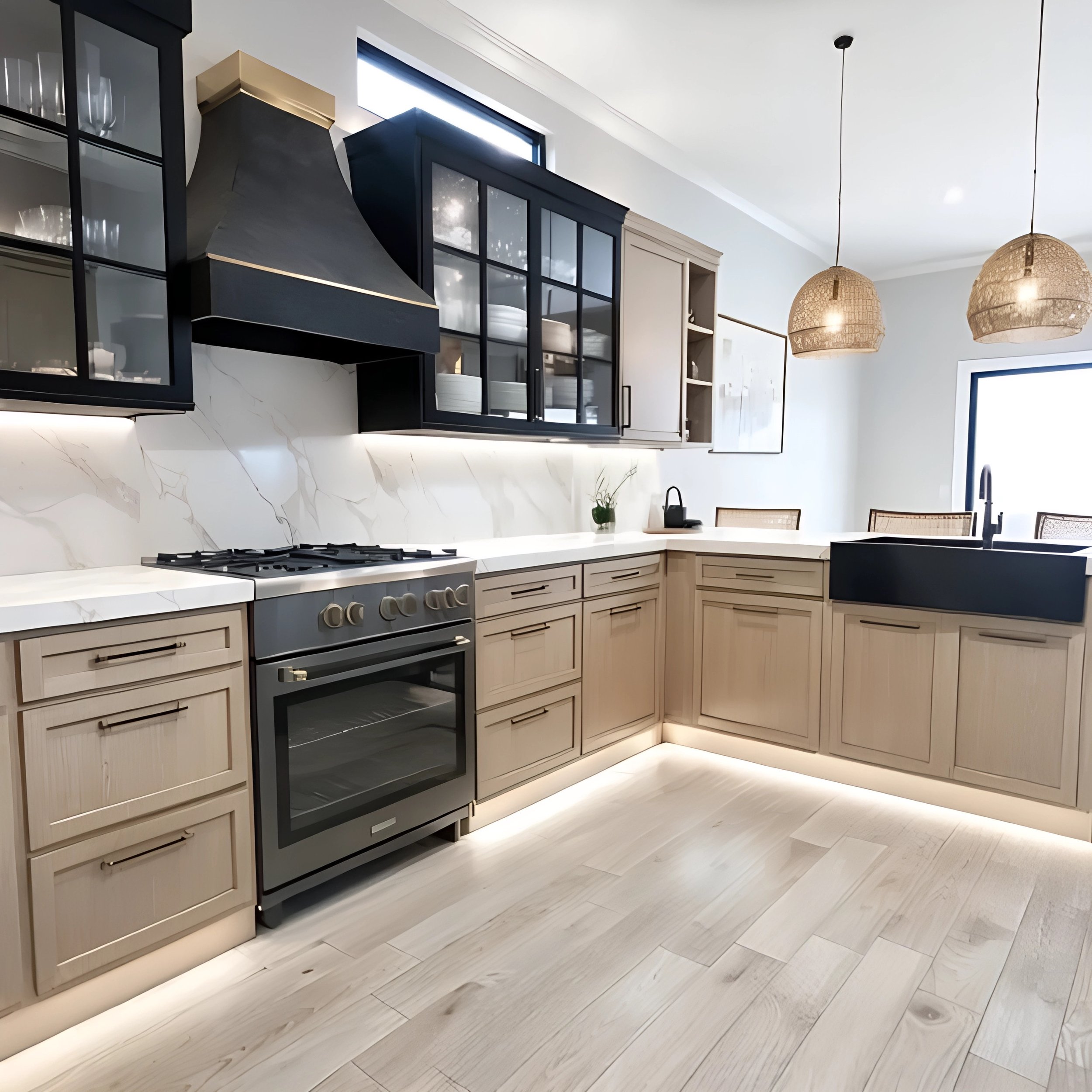 Modern kitchen with beige cabinets, a black range hood, a stainless steel stove, white marble backsplash, and a black farmhouse sink. Pendant lights hang above the counter, and there's a window letting in natural light.