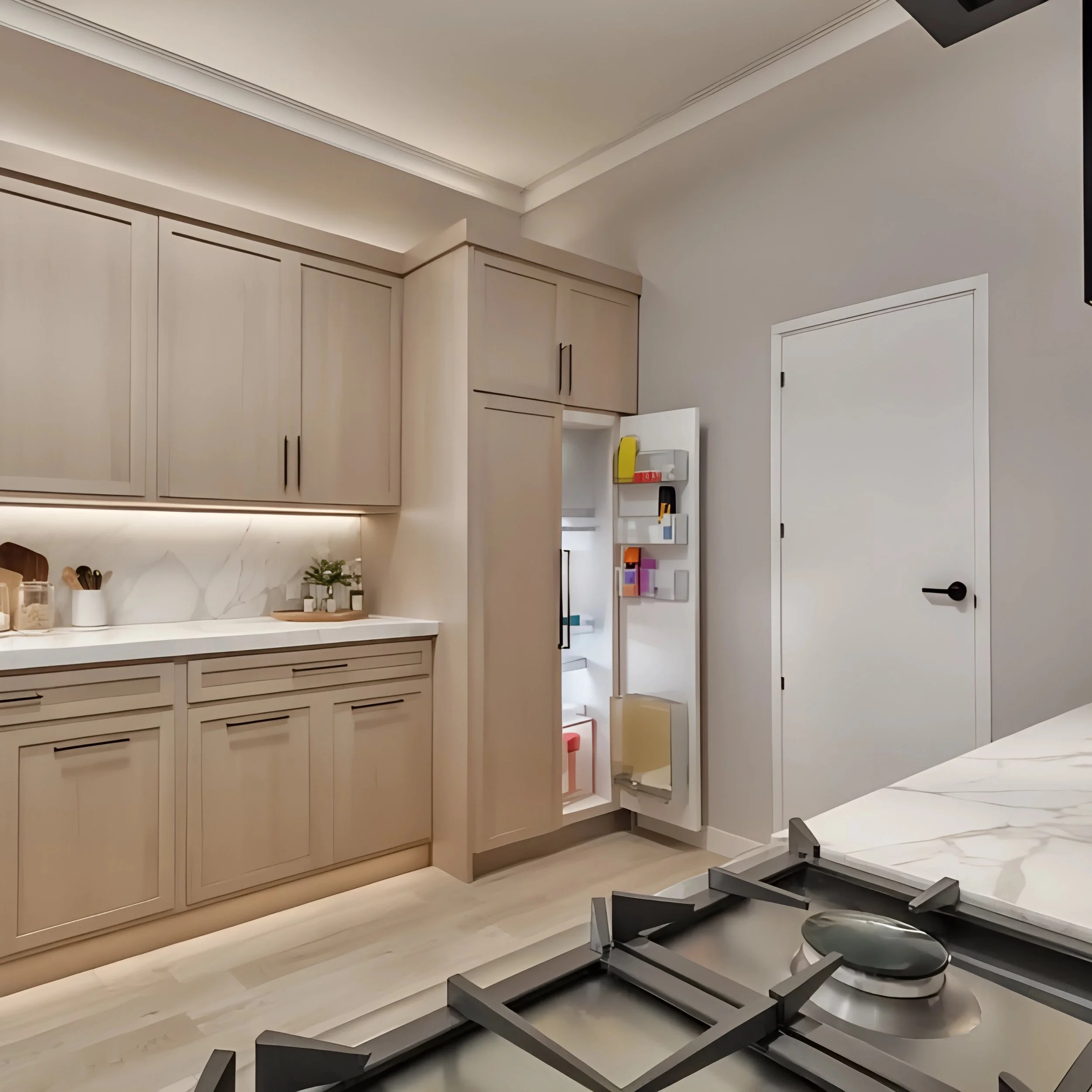 Modern kitchen with beige cabinetry, a white marble countertop, and a built-in mini fridge with shelves filled with colorful boxes and a few small items, next to a plain white door.