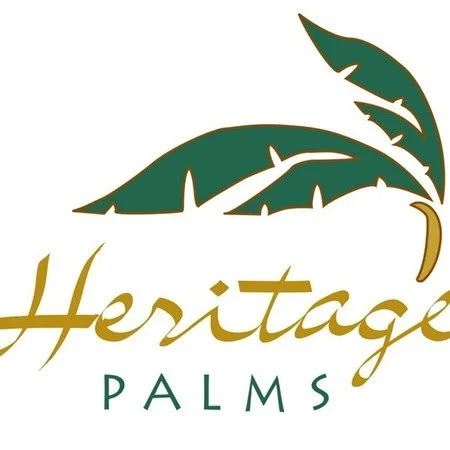 Heritage Palms logo with a stylized palm tree leaf and text.