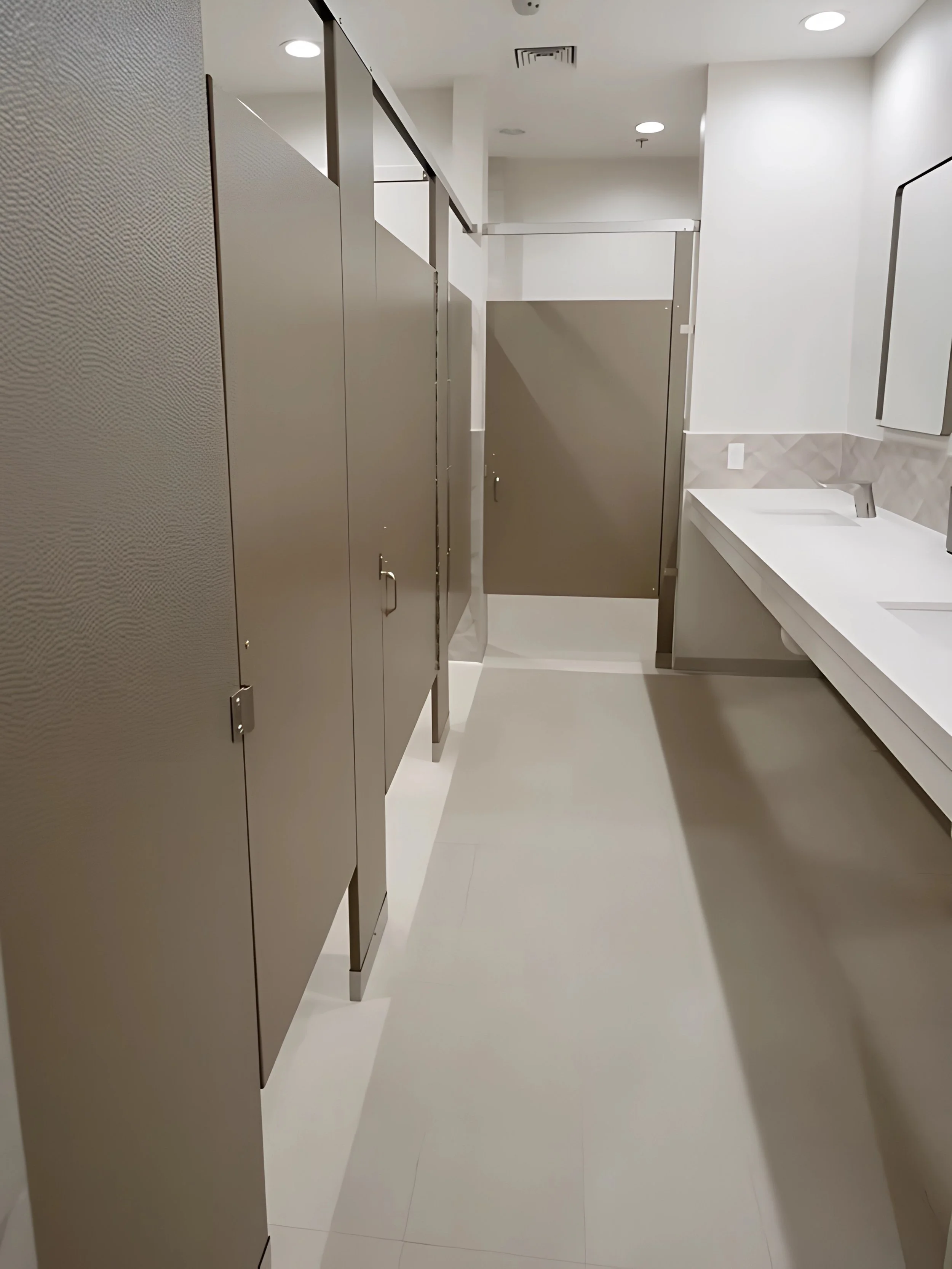 Public restroom with beige toilet stall doors and a white sink with a mirror above it.