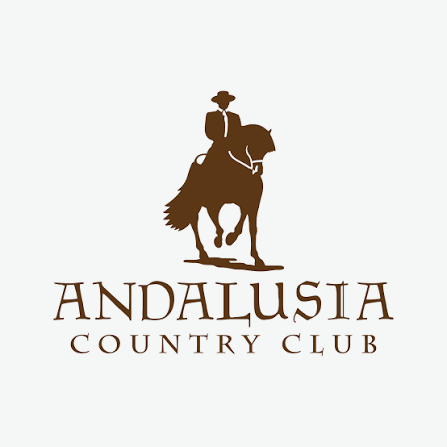 Silhouette of a person riding a horse, wearing a hat, with text that reads "Andalusia Country Club."
