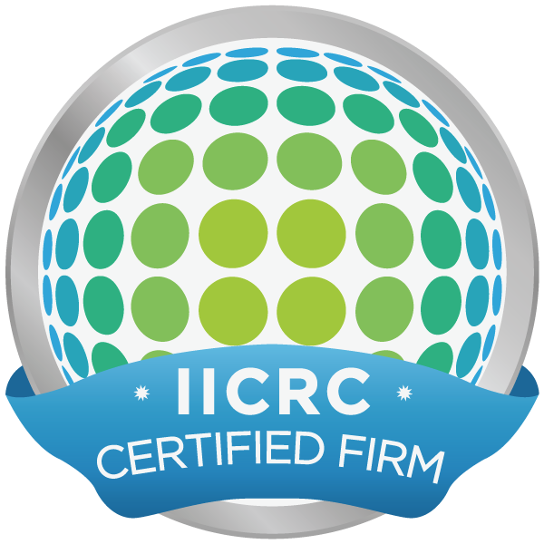 Certification badge with a globe made of green and blue dots and a blue ribbon that says 'IICRC Certified Firm'.
