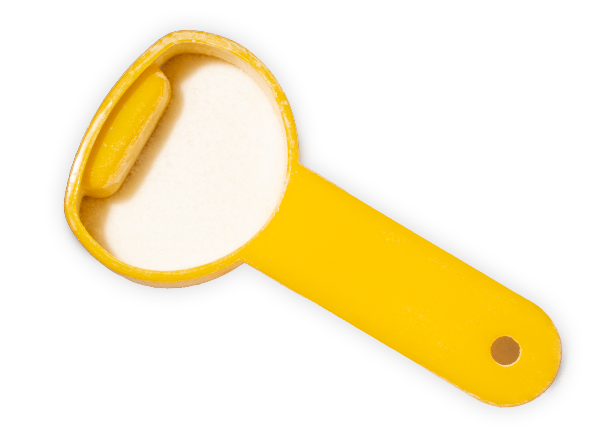 Close-up of the yellow ONE Stride Pet plastic scoop.