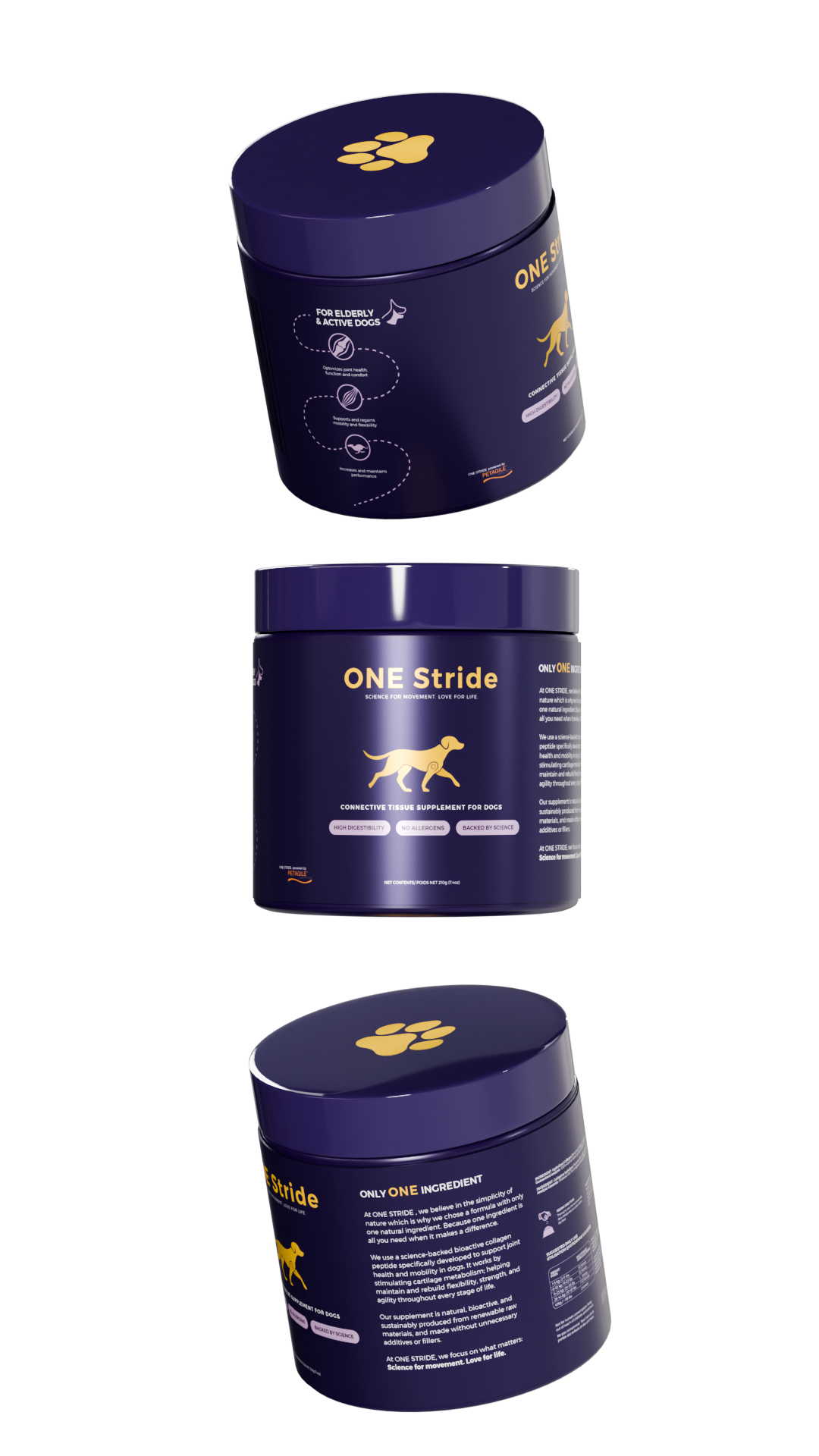 Container of ONE Stride Pet connective tissue supplement for dogs with a blue background and gold dog paw print on the lid.