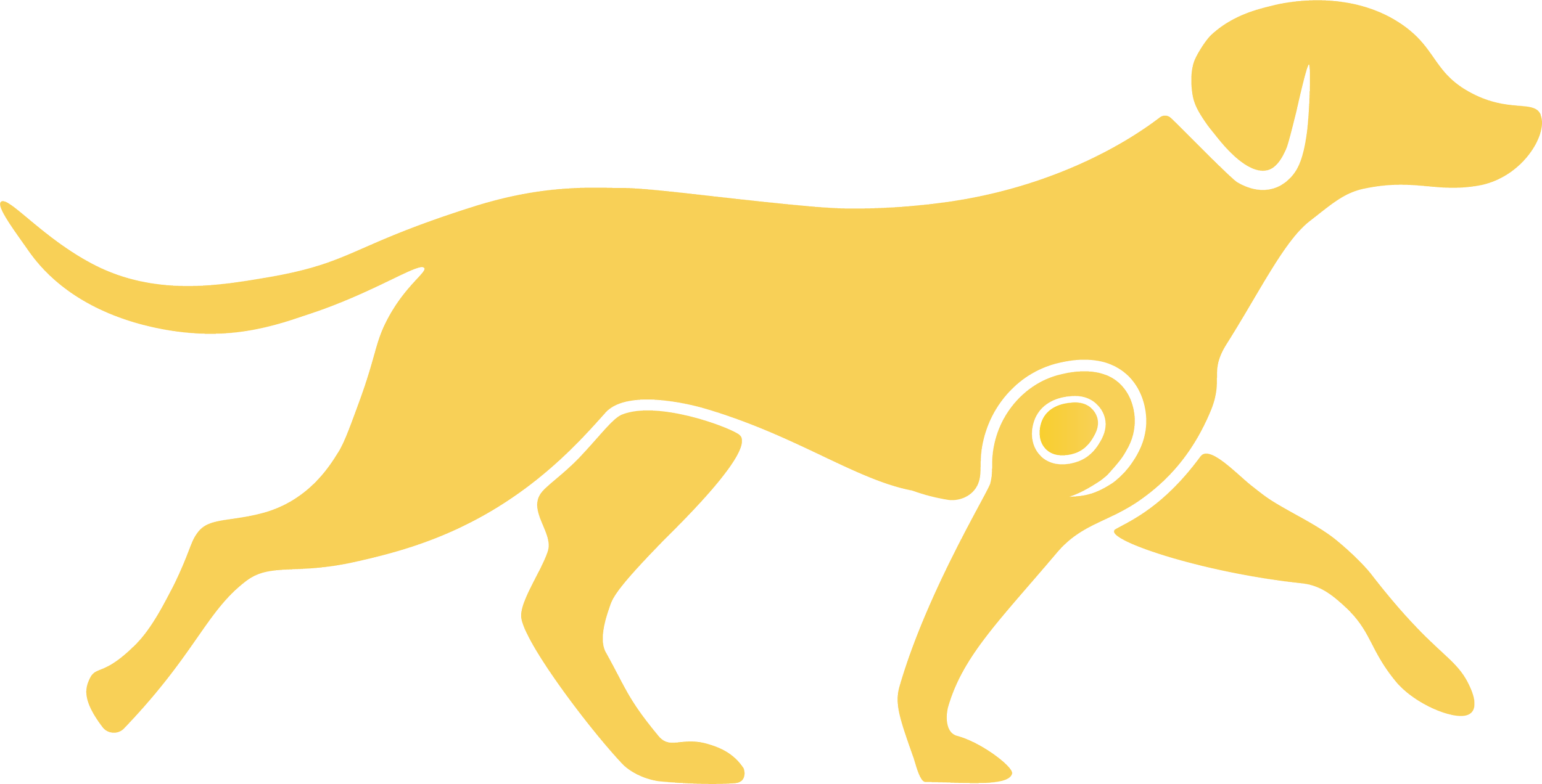 Line drawing of a yellow dog in profile walking to the right with a wagging tail.