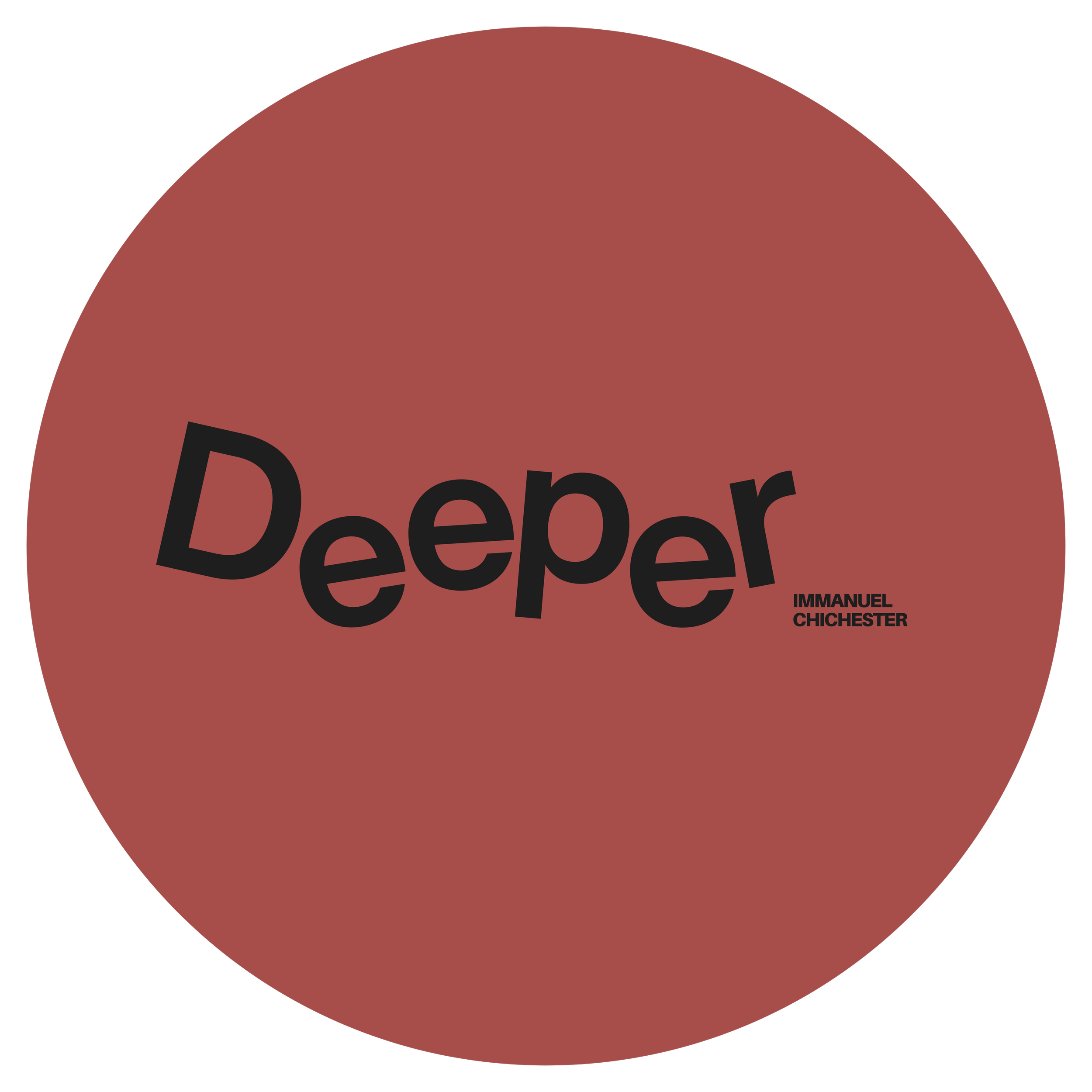 Close-up of a circular design with the word 'Deep' in black text on a brownish-red background.