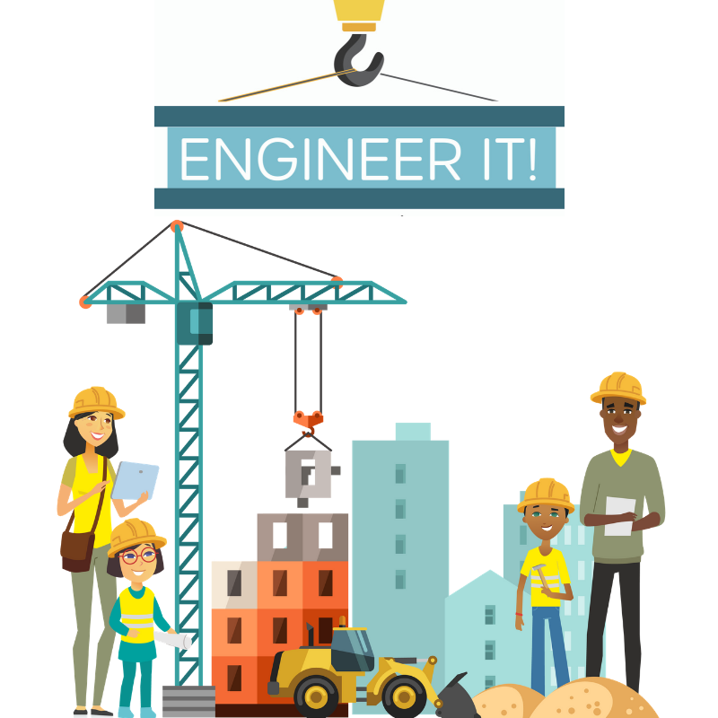 Cartoon illustration of a construction site with a crane lifting blocks, a bulldozer, and a team of four diverse engineers and architects, including children, wearing helmets and safety gear, working on building a structure with the caption 'Engineer It!'