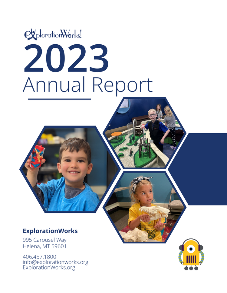 Cover page of the 2023 ExplorationWorks annual report featuring children engaging in science and discovery activities, with images of a smiling boy holding a toy, kids at a science exhibit with green models, and a girl playing with a dough-like substance, and a small robot illustration at the bottom right.