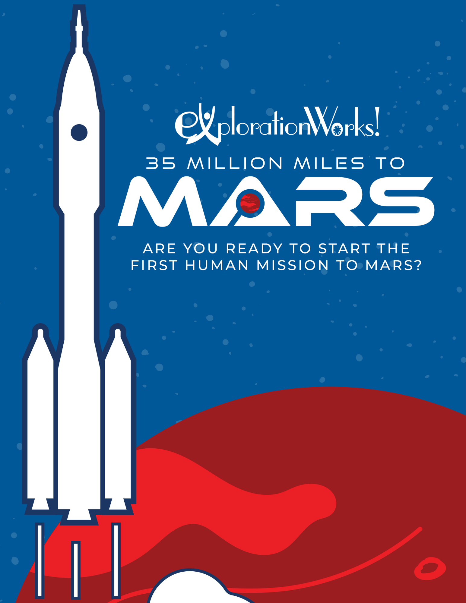 Rocket shooting into space with an illustrated red plant behind it