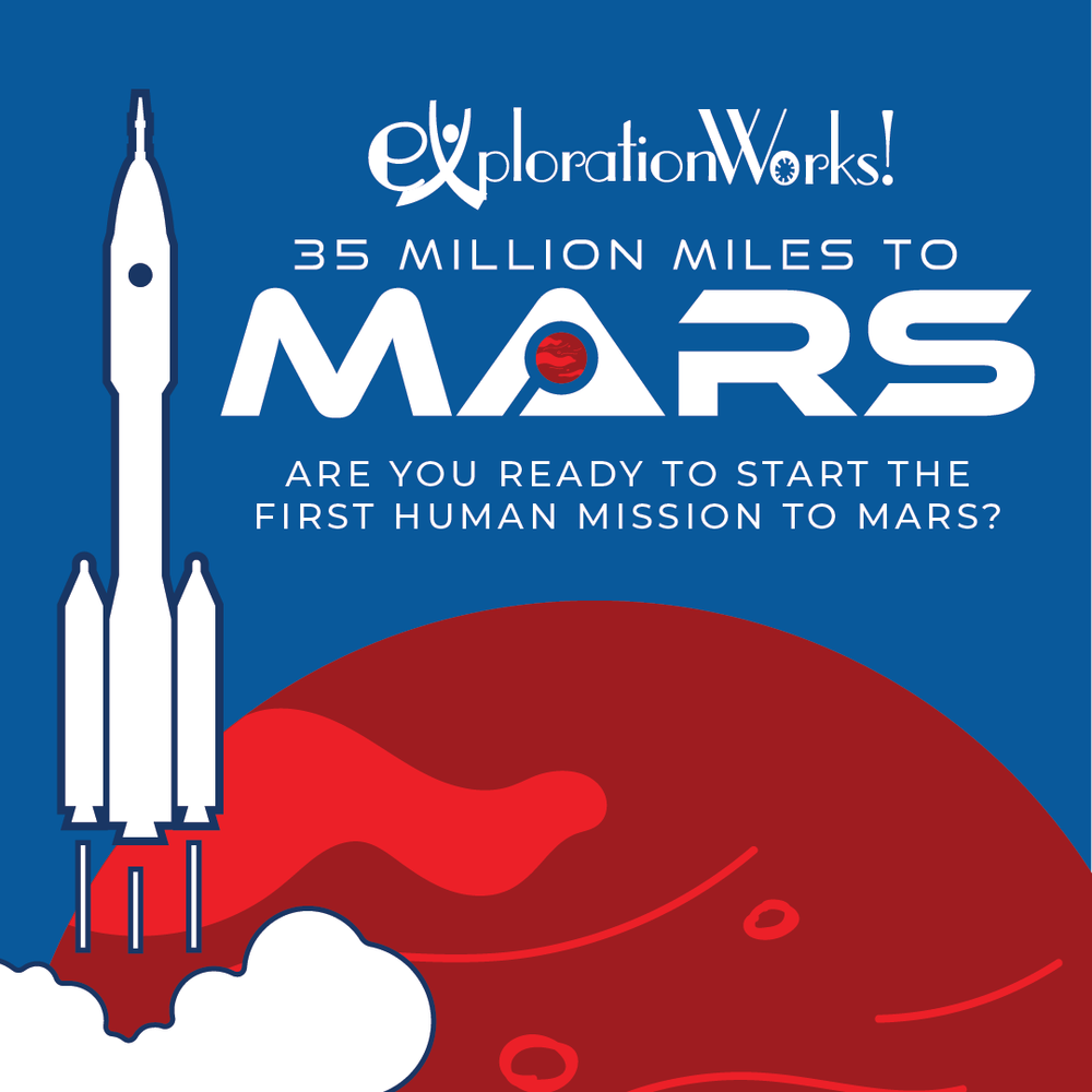 A graphic poster promoting exploration work to Mars, depicting a rocket launching from Earth with red Mars in the background, and text asking if viewers are ready for the first human mission to Mars.