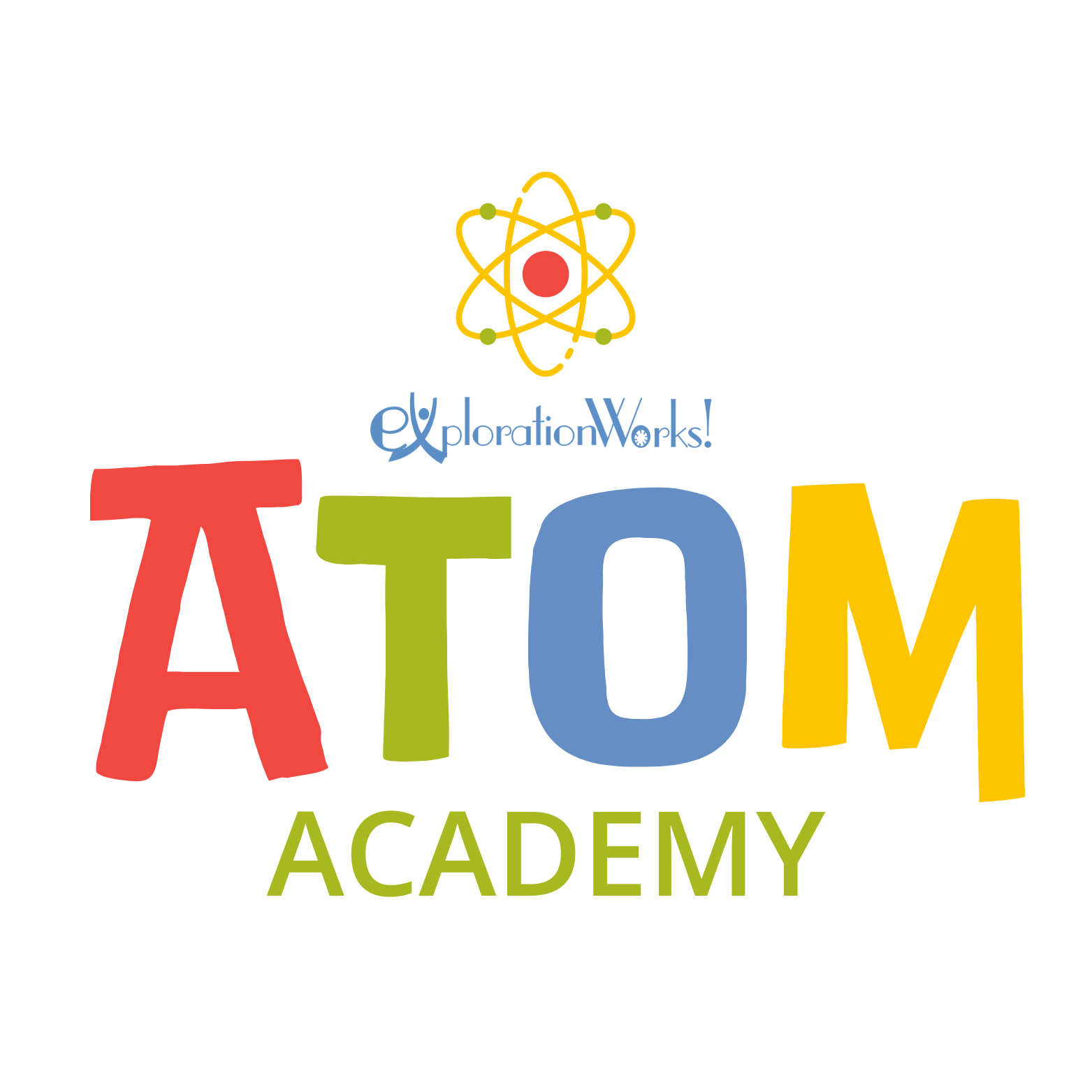 Logo for Atom Academy with colorful text and a stylized atomic symbol at the top.