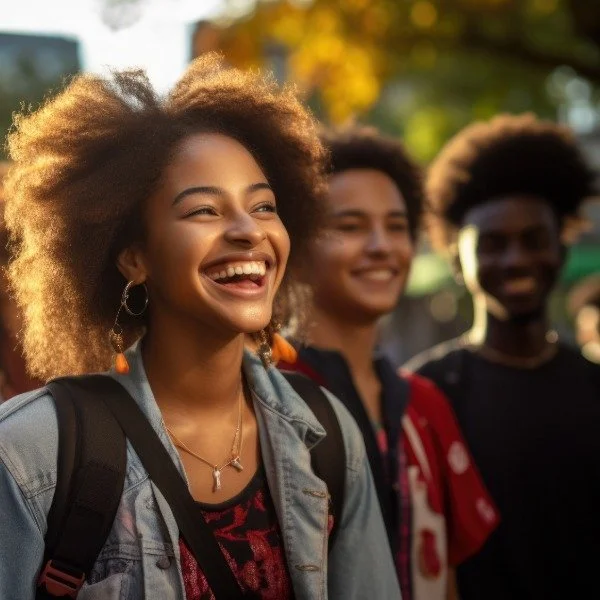 Three young women with curly hair smiling outdoors during daytime, with trees and a cityscape in the background.