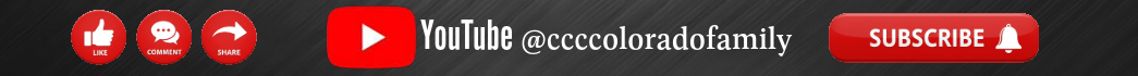 YouTube channel banner for @ccccoloradofamily with red icons for Like, Comment, Share, and Subscribe, featuring a red subscribe button and YouTube logo.