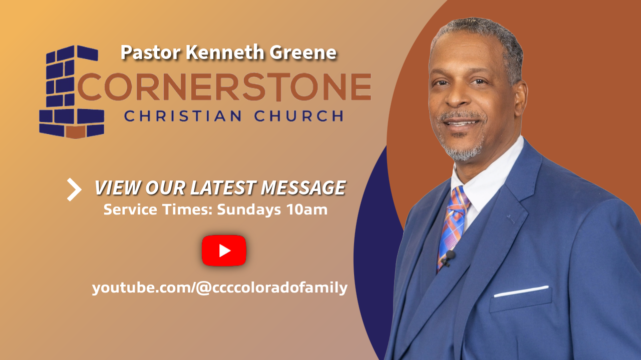 Graphic promoting Cornerstone Christian Church with a photo of Pastor Kenneth Greene, service times, and YouTube channel link.