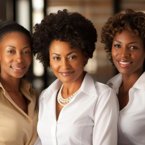 Three women of African descent smiling and standing close together indoors, with a blurred background.