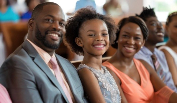 Smiling family sitting in a row at a formal event or gathering.
