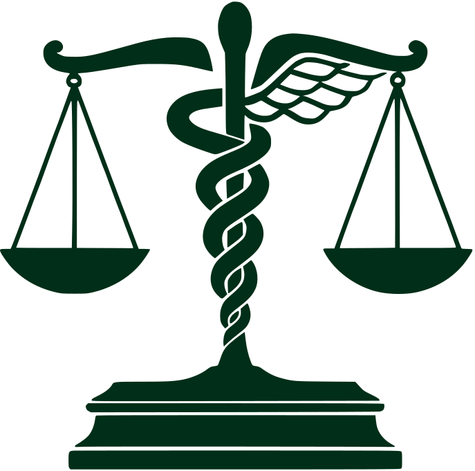 Pizzata Injury Lawyers Logo, the Rod of Asclepius and justice scales symbol, representing law and the medicolegal industry.