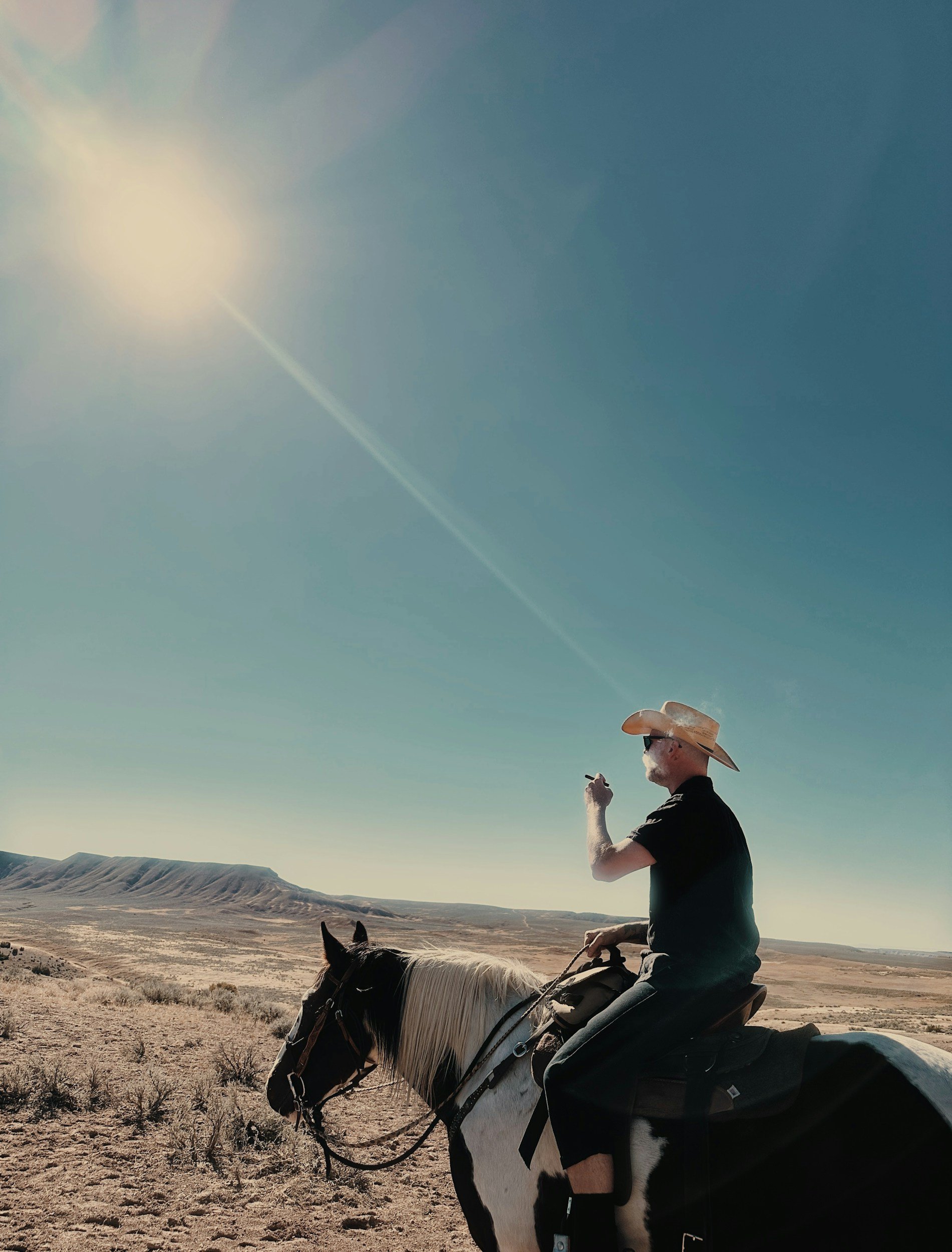 A man wearing a cowboy hat and sunglasses riding a black and white horse in a desert landscape under a bright sun in a clear blue sky.