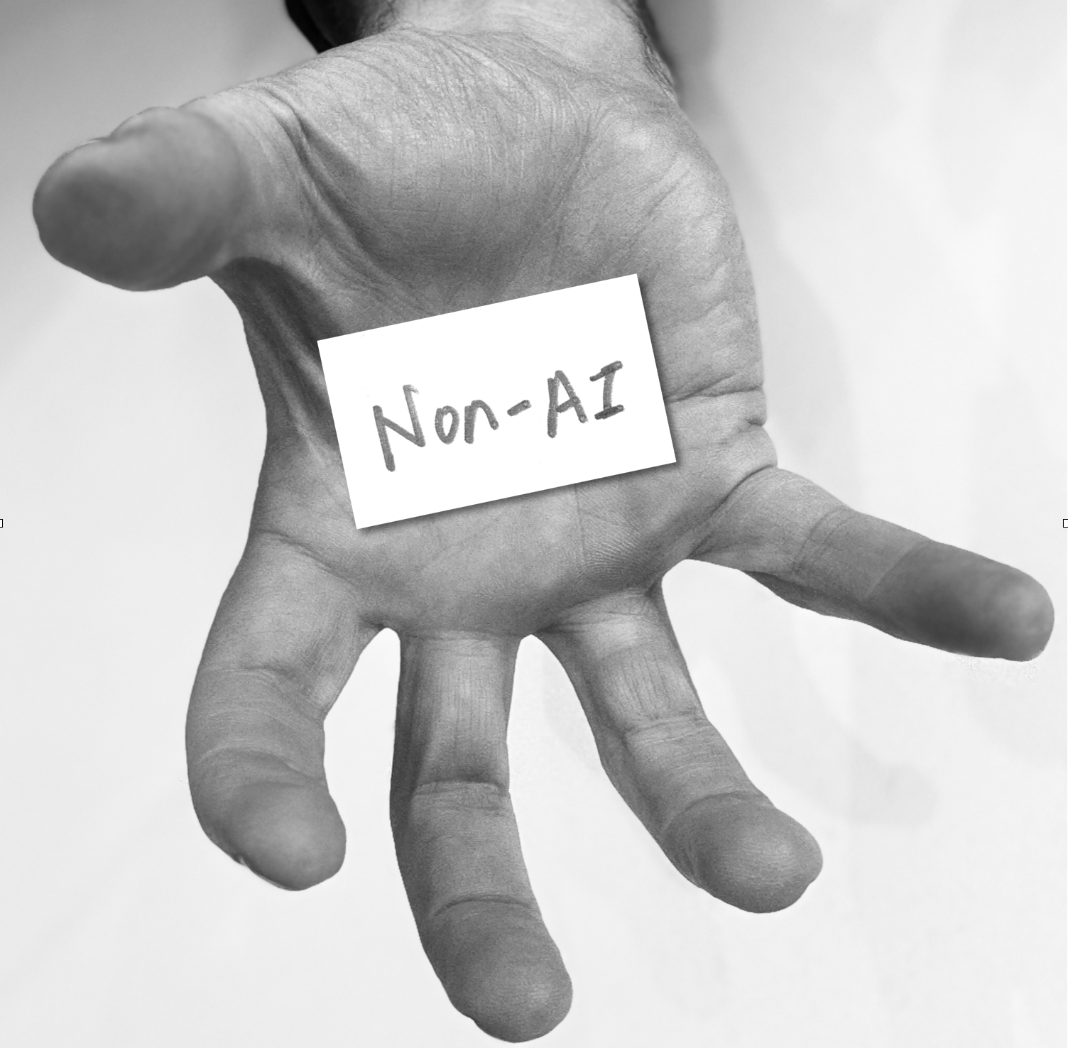 Close-up of a human hand with a label reading 'Non-AI' on the palm.
