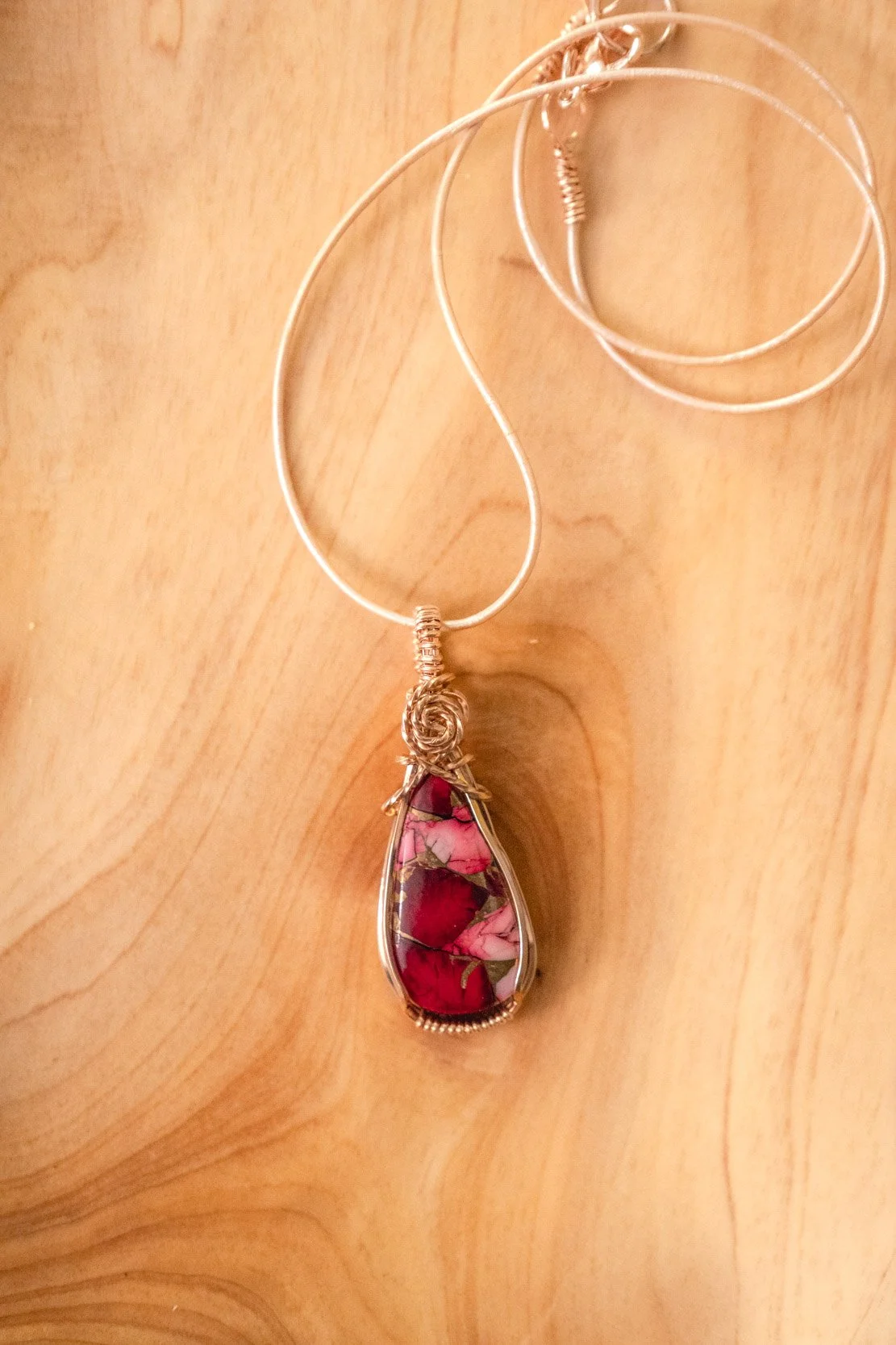 Spiny Oyster Turquoise Dahlia wrapped in rose gold-filled wire